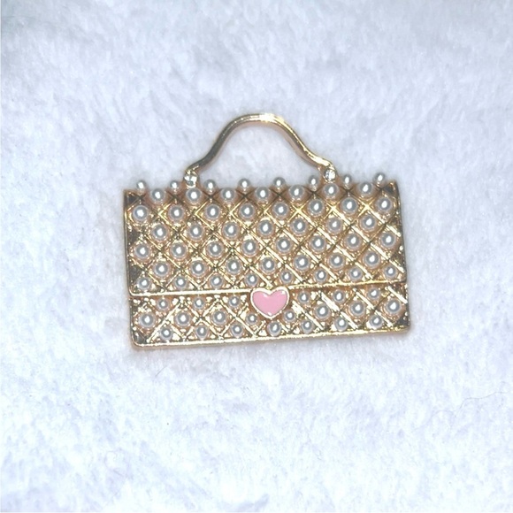 Purse Bag Brooch Gold and Pink with Heart Faux Pearl Detail - Picture 1 of 3